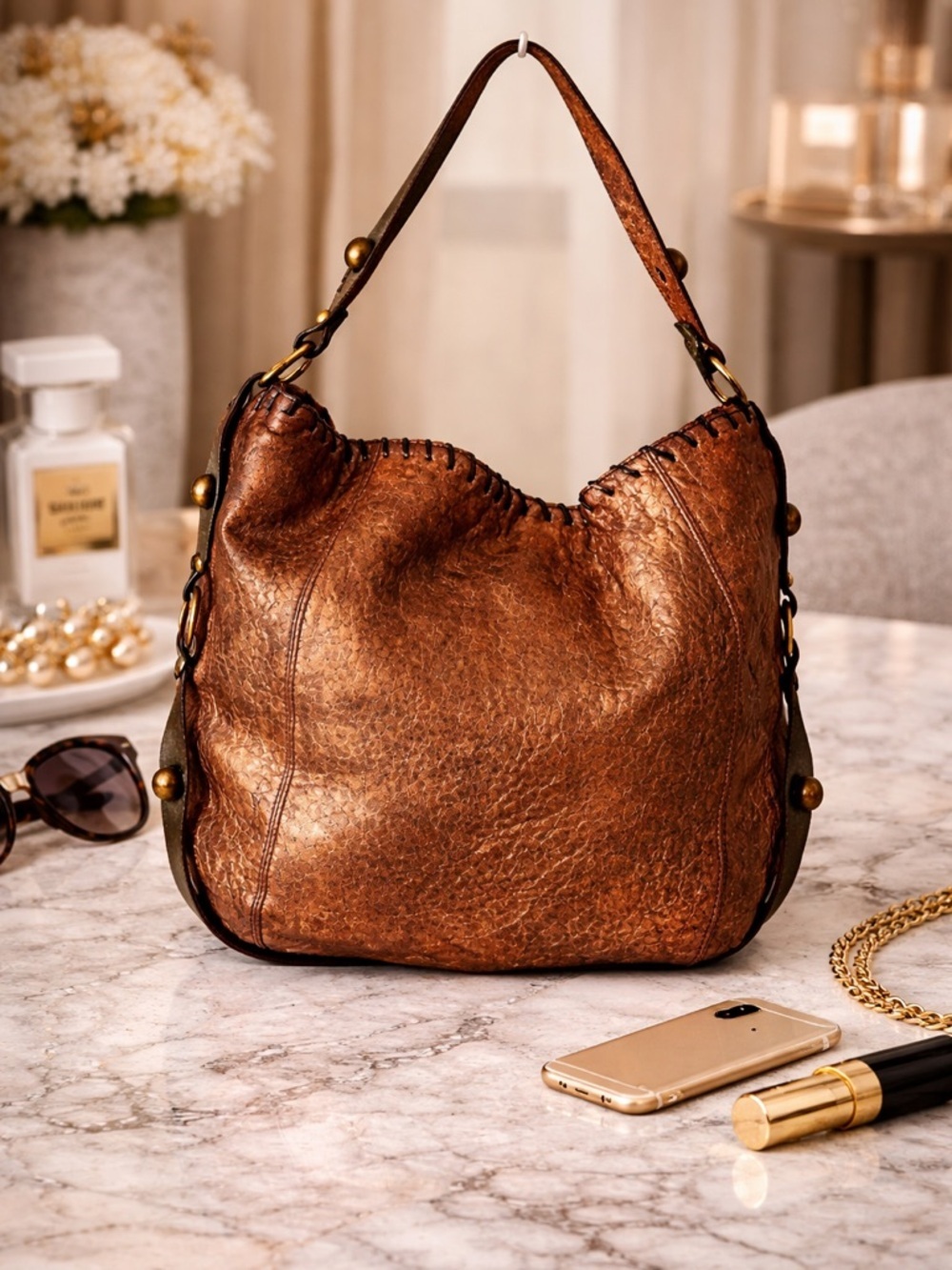 Paolo Masi Italy Metallic Bronze Leather shoulder bag hobo tote